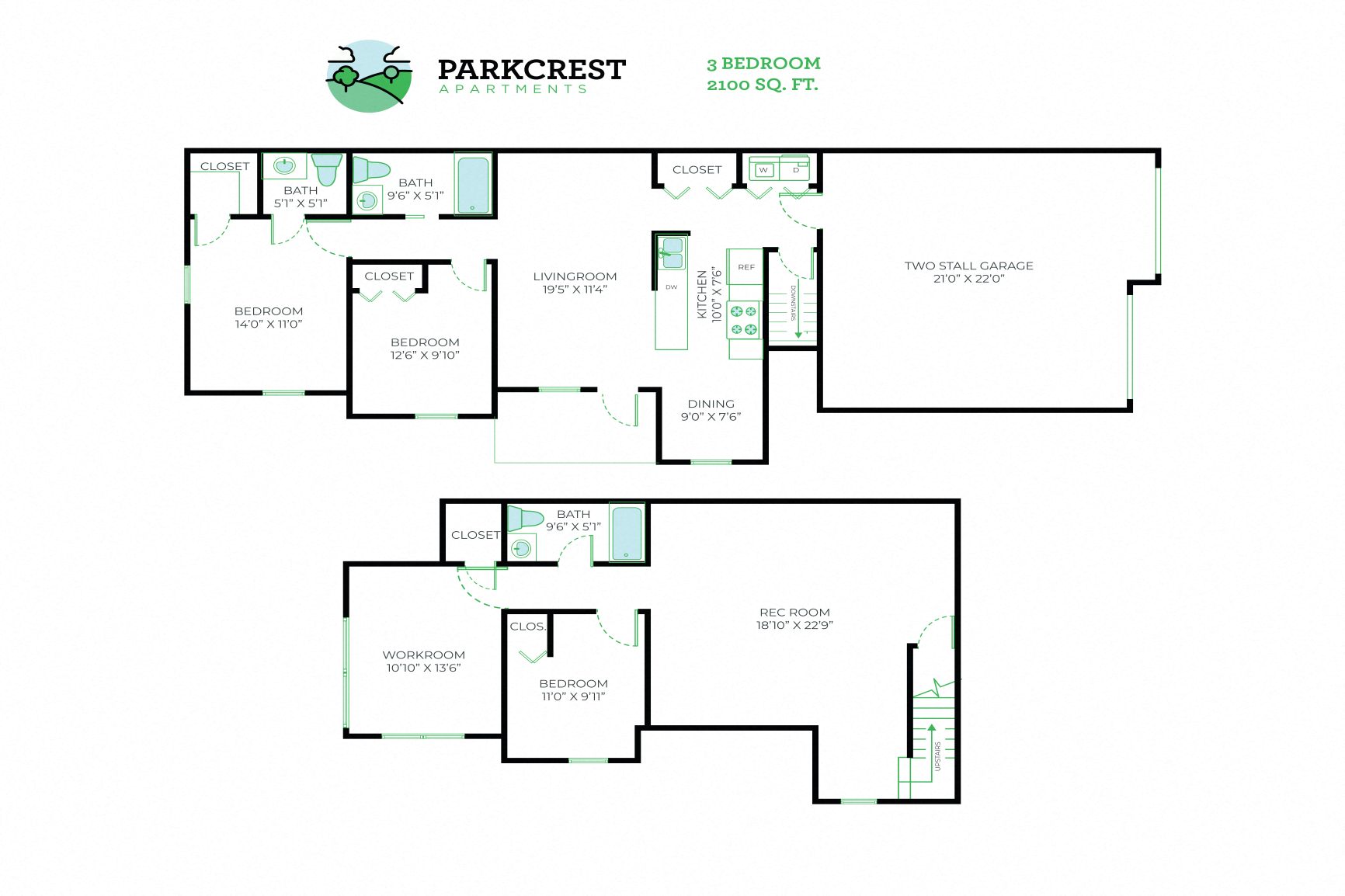 Floor plan for 3 beds, 2.5 baths, 2100 sqft